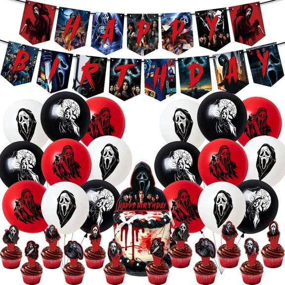 32 PCS For Scream Movie Cartoon Theme Party Decorations Set,With 1 Happy Birthday Banner,18 Balloons,13 Cupcake Toppers,for Boy Girls Party Supplies Set