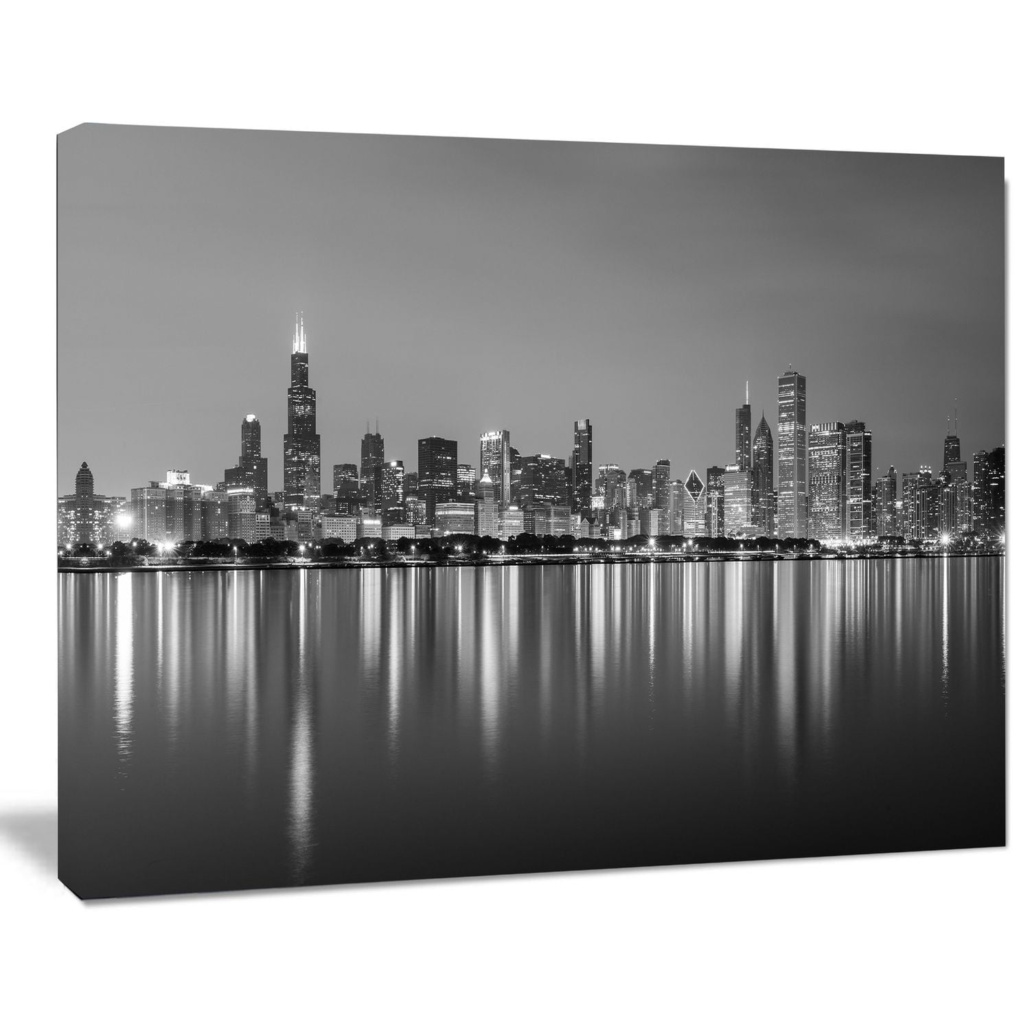 Design Art Chicago Skyline at Night Black And White Cityscape Canvas Art Print