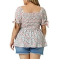 thumbnail image 3 of Unique Bargains Women's Plus Size Blouses Smocked Bow Tie Short Sleeve Peplum Tops 1X Pink, 3 of 6
