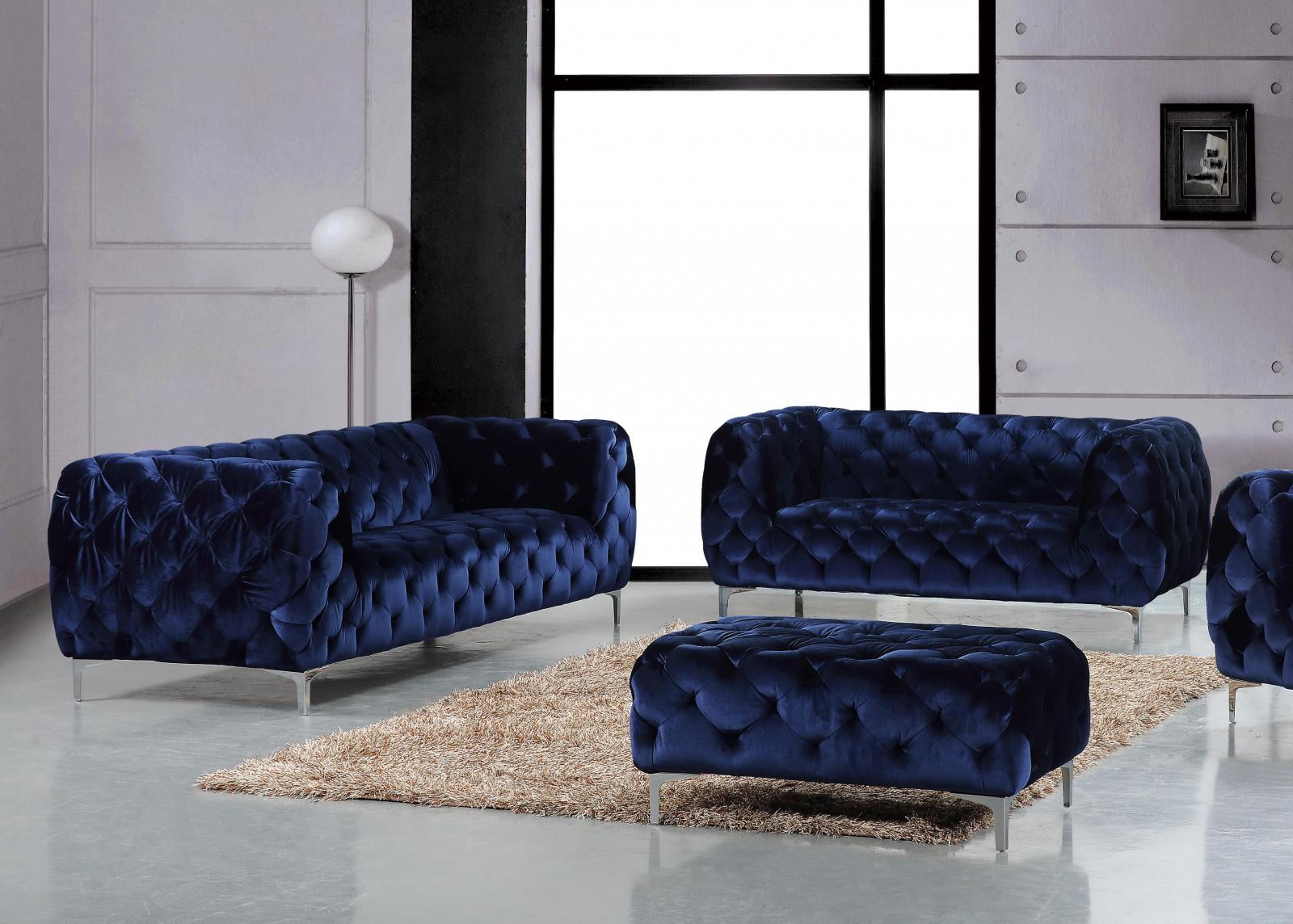 Modern Navy Velvet Tufted Sofa & Loveseat Set 2Pc Meridian Furniture 646 Mercer