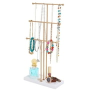 Laromni 3 Tier Gold Metal Tabletop Jewelry Display Tree Stand Organizer Holder Rack Hanger Tower for Bracelet Necklace Accessories with Ring Tray