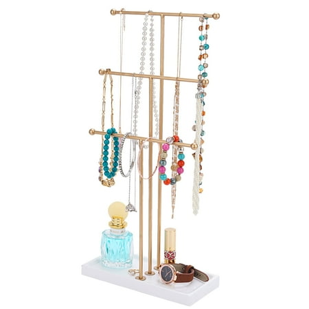 Laromni 3 Tier Gold Metal Tabletop Jewelry Display Tree Stand Organizer Holder Rack Hanger Tower for Bracelet Necklace Accessories with Ring Tray