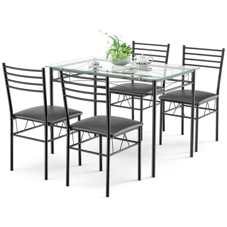 Finihen Dining Set, Dining Table Set, 5 Pieces Dining Set with Tempered Glass Top Table and 4 Upholstered Chairs, for Home, Restaurant, Black Finihen Dining Set, Dining Table Set, 5 Pieces Dining Set with Tempered Glass Top Table and 4 Upholstered Chairs, for Home, Restaurant, Black