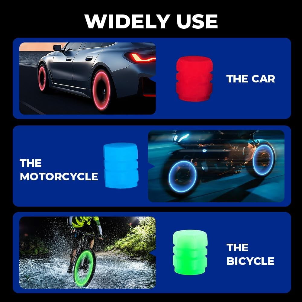 Glow in The Dark Tire Valve Caps – Fluorescent Stem Caps Universal for Car, SUV, Motorcycle, Bicycle, Truck – Night Visibility Accessories