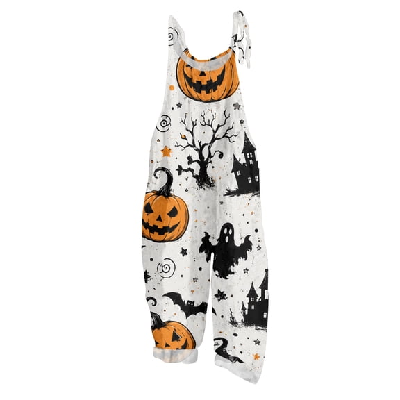 JULMCOMO Cotton Linen Jumpsuits for Women Halloween Haunted Castle Pumpkin Bat Print Spaghetti Strap Jumpsuits Plus Size Costume Holiday Overalls Earthy Yellow 3XL