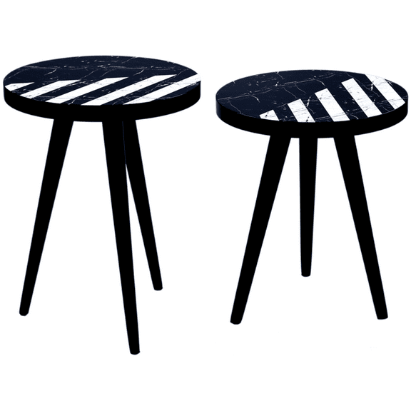 Round Wooden Side Tables, Portable Coffee Tables, End Tables for Living Room and Bedside, Black & White Striped - Set
