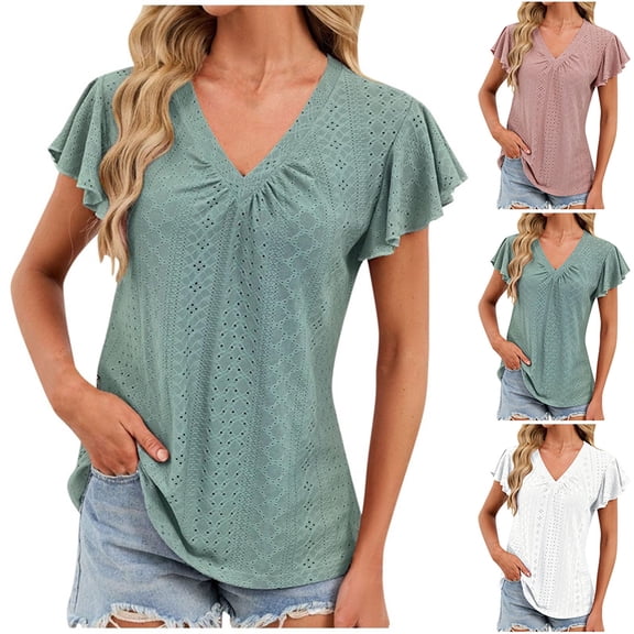 Womens Tops Trendy Sawvnm Women‘s Casual Fashion Solid Color Summer V-Neck Short Sleeve Blouses Shirts Top Blouses for Women Green XL
