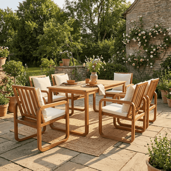 FFZ 7-Piece Patio Dining Set with Acacia Wood and Removable Cushions, Beige