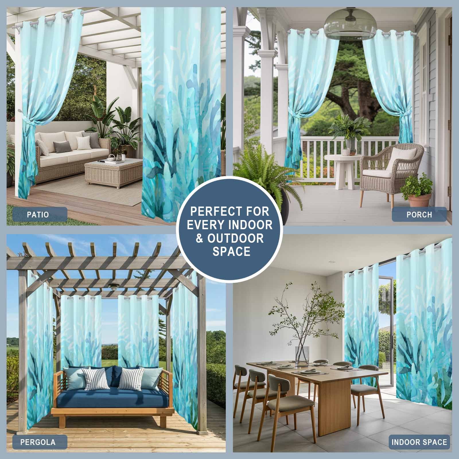 Blue Gradient Coral Outdoor Curtains for Patio, Ocean Coastal Sea Watercolor Coral Sunshade Privacy Drapes Grommet Waterproof Outside Curtains for Porch/Cabana/Balcony 54"x 108", 1 Panel