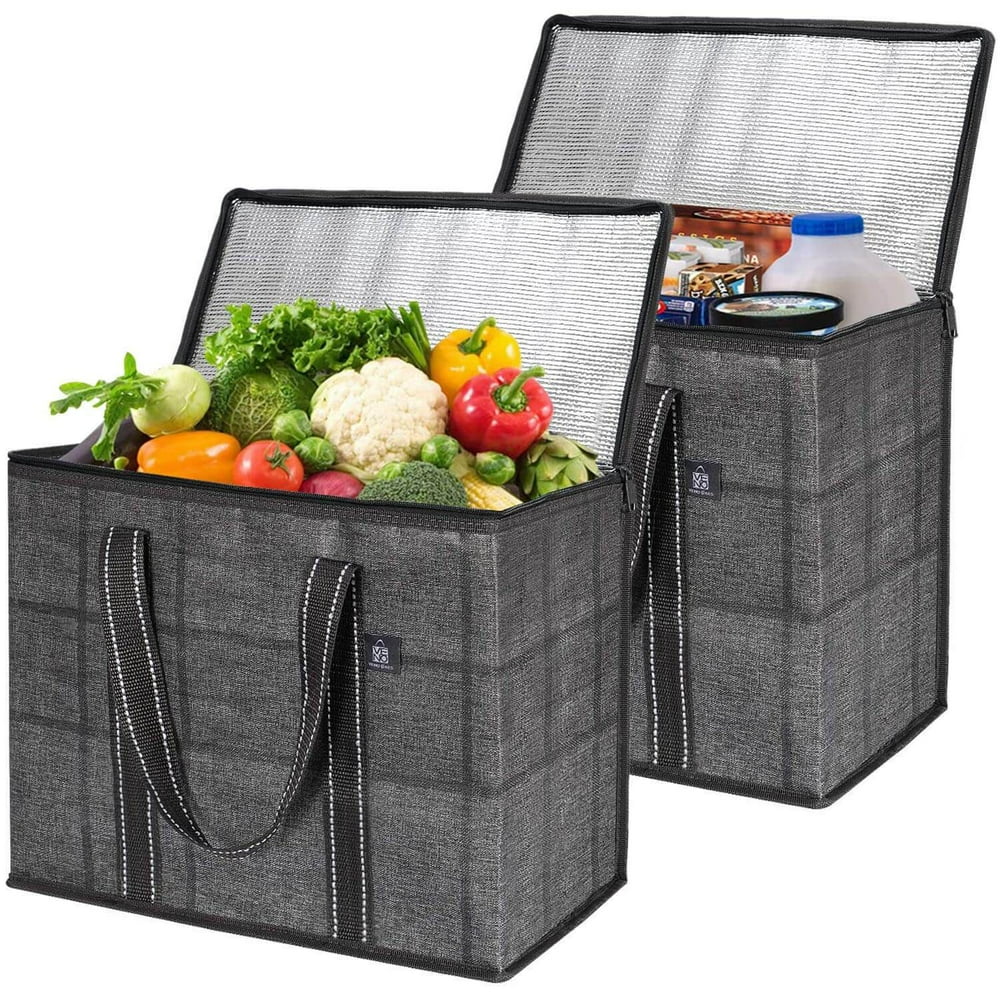 2 Pack Insulated Reusable Grocery Bag with Cardboard Bottom Black