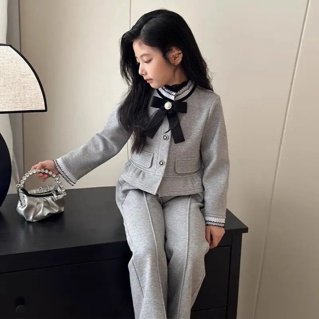 Traje informal elegante de otoño para niñas, traje de Tweed versión coreana, pantalones superiores e inferiores de manga larga, conjunto de 2 piezas para todas las estaciones