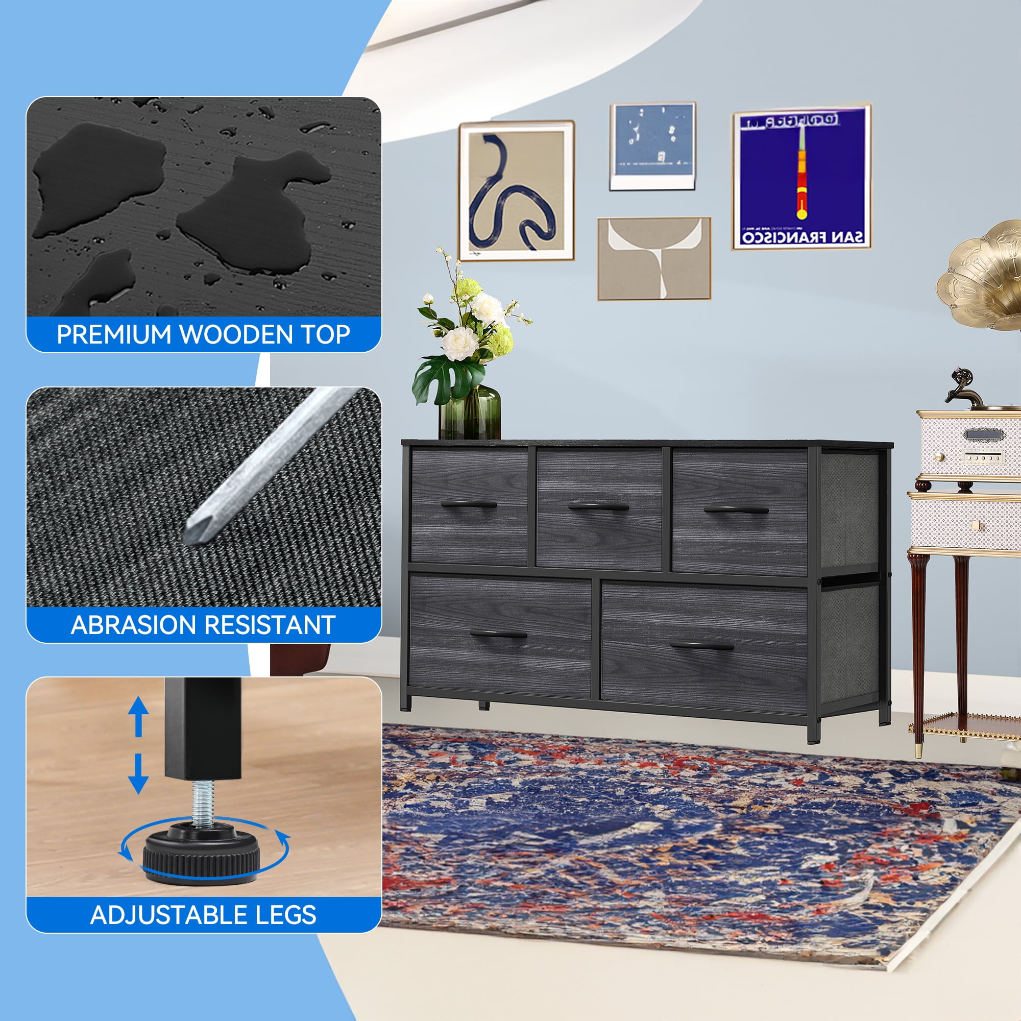 Uforic 5-Drawer Fabric Dresser for Adults, Storage Tower with Steel Frame & Wooden Top, Black