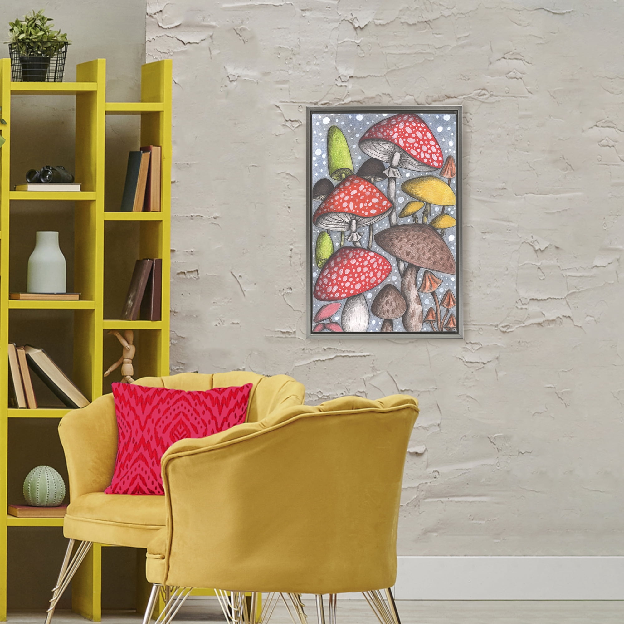 Sketched Magical Mushrooms Gray Framed Floater Canvas Wall Art, design by Cecilia Battaini