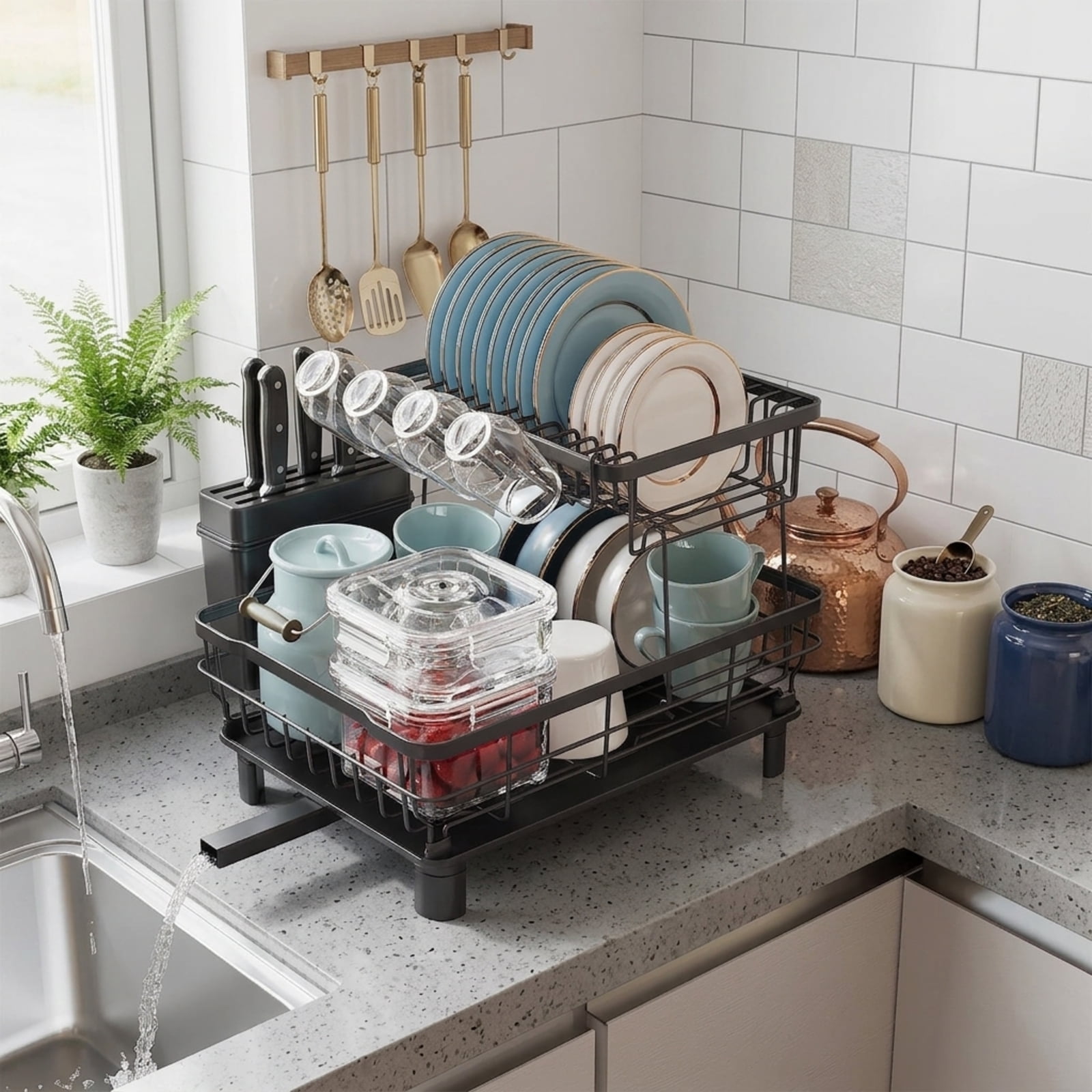 Fenbeli 2-Tier Dish Drying Rack with Rotating Drainage Spout, Rust-Resistant Countertop Dish Rack with Utensil Holder, Black
