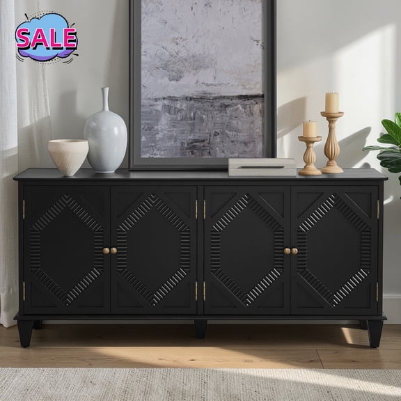 Hassch Sideboard Buffet Cabinet with 4 Doors, Kitchen Storage Cabinet, Cupboard with Adjustable Shelves, Coffee Bar Cabinet for Dining Room, Living Room, Black