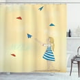 thumbnail image 1 of Nursery Airplane Shower Curtain, Little Girl Launches Paper Planes to Air Childhood Dreams of Flying Theme, Fabric Bathroom Set with Hooks, 69W X 84L Inches Extra Long, Multicolor, by Ambesonne, 1 of 3