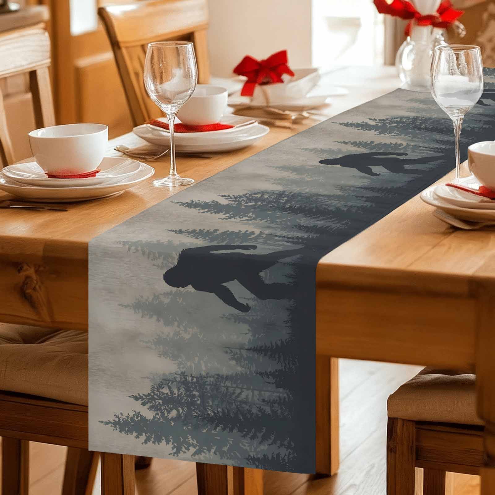 Forest Bigfoot Table Runner, Vintage Sasquatch Animal Silhouette Foggy Dark Forest Plant Cotton Linen Kitchen Table Decoration Washable Dining Tabletop Runners for Home Party Decor 13x90 Inches