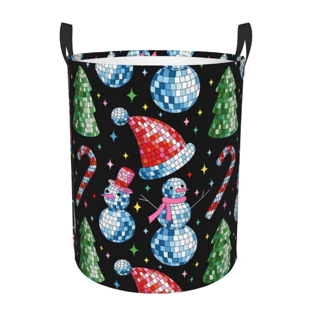 Balery Disco Mirror Ball Snowman Cesta de ropa redonda con asas, impermeable, independiente, para ropa, juguetes, dormitorio y familia-Medium