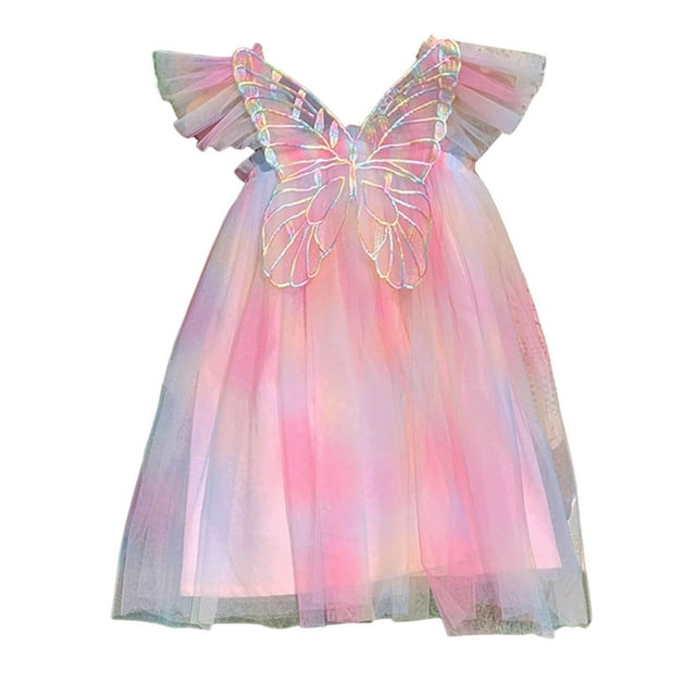 TJAZFJPA Robes de Pâques pour Filles Robe d'Été en Tulle pour Tout-Petits Robe de Princesse à Manches Volantes avec Papillon Coloré Vêtements pour Enfants Robes pour Filles