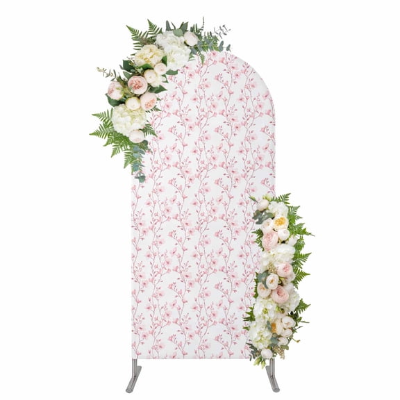 Pink Spring Floral Arch Backdrop Cover, Spandex Fitted Wedding Arch Cover, Elegant Watercolor Summer Botanical Round Top Stand Covers for Birthday Ceremony Bridal Shower Party Decor 7.2x4 Ft