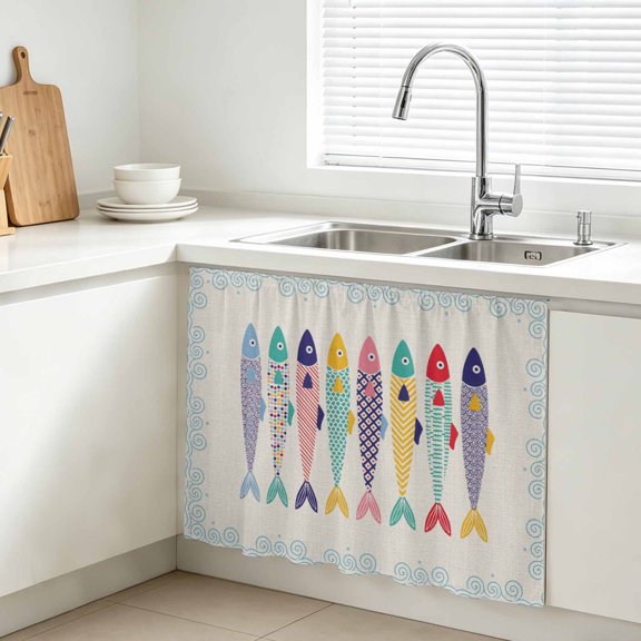 Ocean Colorful Fish Cabinet Curtain, Nautical Coastal Sea Fish Blue Floral Plaid Sink Skirt for Bathroom, Under Sink shelf Curtain Privacy Drape for Kitchen Laundry Room 11x13in