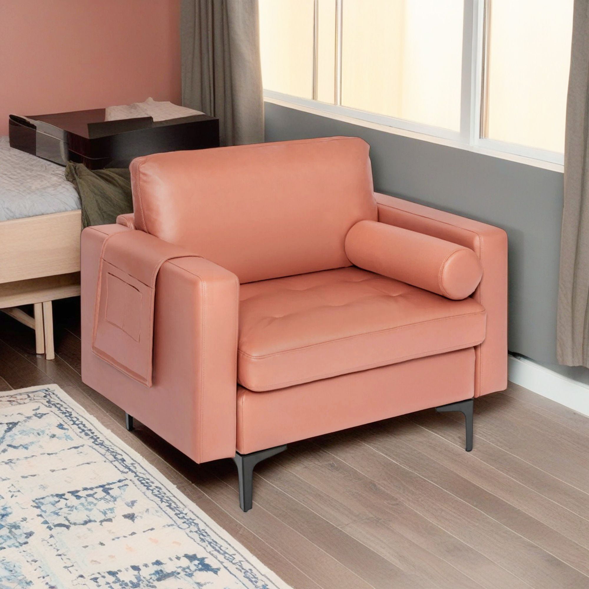 Demi Bonn Upholstered Accent Chair, Modern Accent Chair with Bolster and Side Storage Pocket, for Living Room, Bedroom, Pink