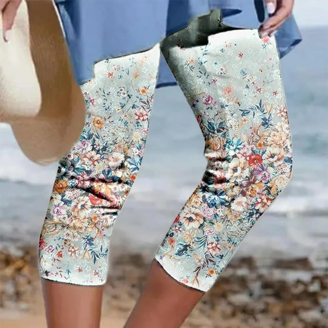CHGBMOK Capris Raccourcis Imprimés pour Femmes Grande Taille, Taille Élastique, Liquidation d'Été