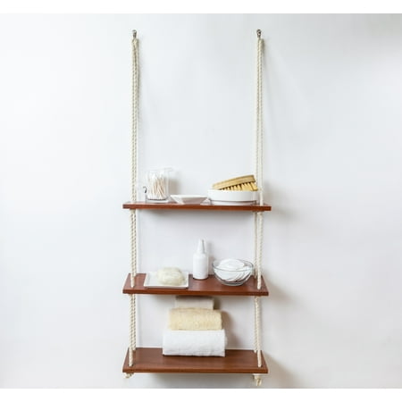 Hanging Shelves with White Cotton Rope | Floating Wall Shelves for Bedrooms | Rustic Bathroom Shelf | Hanging Shelf for Home and Kitchen Wall Display | (1, 3-Tier