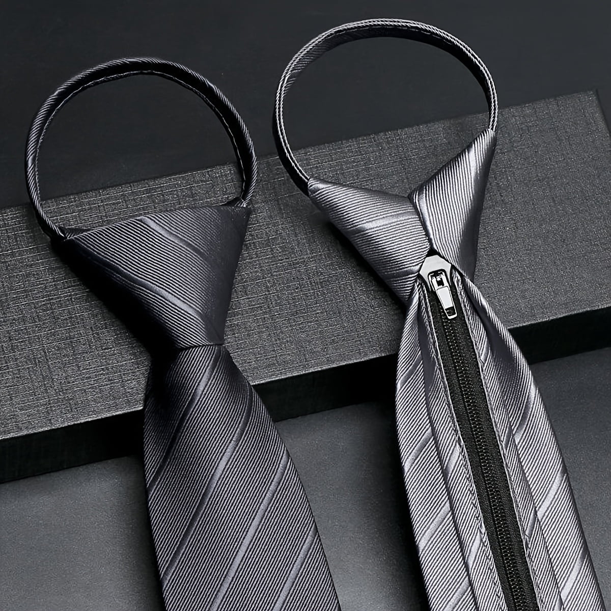 Men's 1200-count solid color polyester zipper striped tie set, classic retro business style tie, suitable for work, interviews, banquets and other occasions. Available in black, gray, navy blue and d