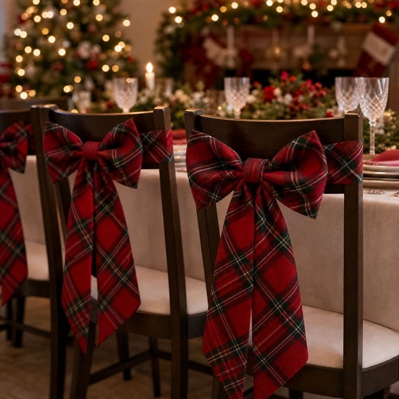 Christmas Plaid Chair Cover with Bow 75x30cm, Thick Soft Woven Fabric Fits Banquet Wooden Dining Chair Back, Anti-Fraying Shape-Retaining Reusable Festive Home Wedding Party Decoration
