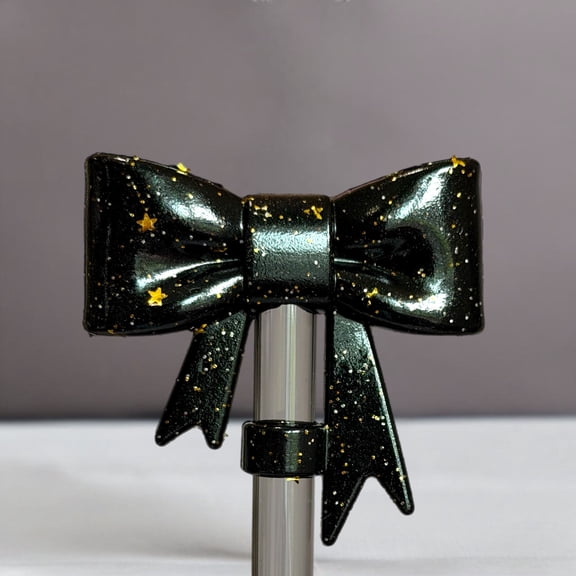 Black & Gold Glitter 3D Bow Straw Topper