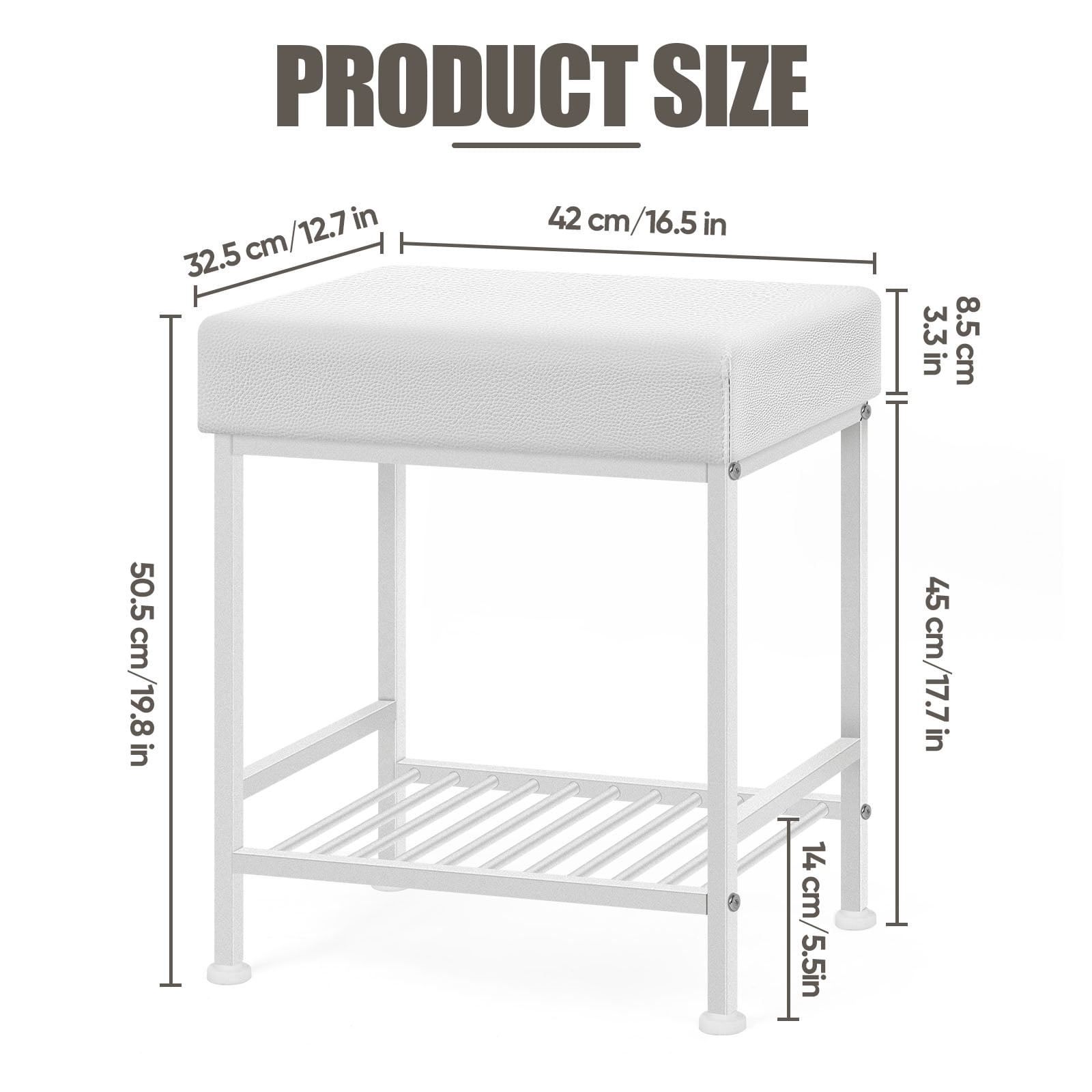 Small Ottoman with Storage Shelf, Square Ottoman Foot Rest Under Desk with Adjustable Leg, White Pouf Vanity Stool for Living Room, Bedroom