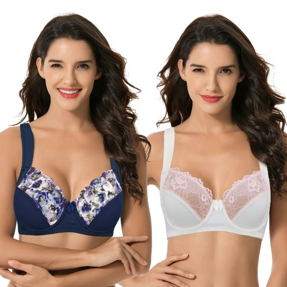 Curve Muse Women's Plus Size Unlined Underwire Lace Bra with Cushion Straps- NAVY, CREAM- Size:34B