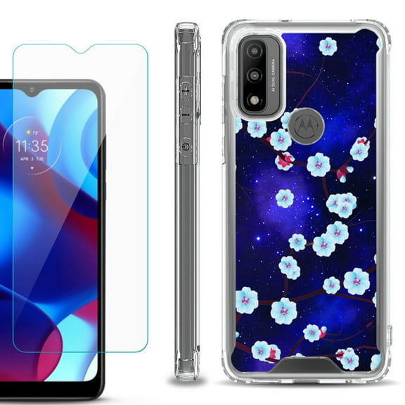 Shockproof Bumper Phone Case for Motorola Moto G Pure, with Tempered Glass Screen Protector, by OneToughShield ® - Blossom Stars