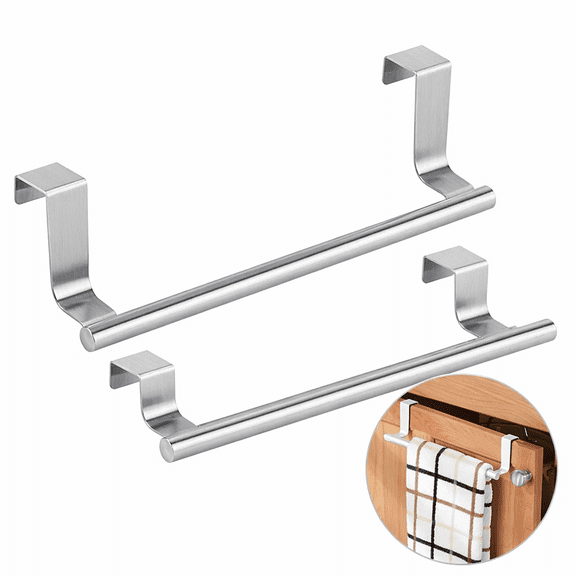 Artrylin 2-Pack Stainless Steel Over Door & Cabinet Towel Rack, 14inch Bar Holder for Kitchen Bathroom Laundry Dish Rags & Hand Towels, Easy No-Drill Install,Silver