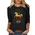 thumbnail image 2 of Uootdi Womens Tops 3/4 Sleeve Crewneck Year Of The Horse Print Festival Celebrations Family Dinners Tees Blouses Sweaters Gift, 2 of 5