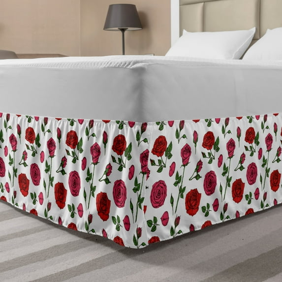 Flowers Bed Skirt, Floral Theme Romantic Illustration Along Pink Roses on Plain Background, Elastic Bedskirt Dust Ruffle Wrap Around for Bedding Decor, 4 Sizes, Green and Dark Pink, by Ambesonne