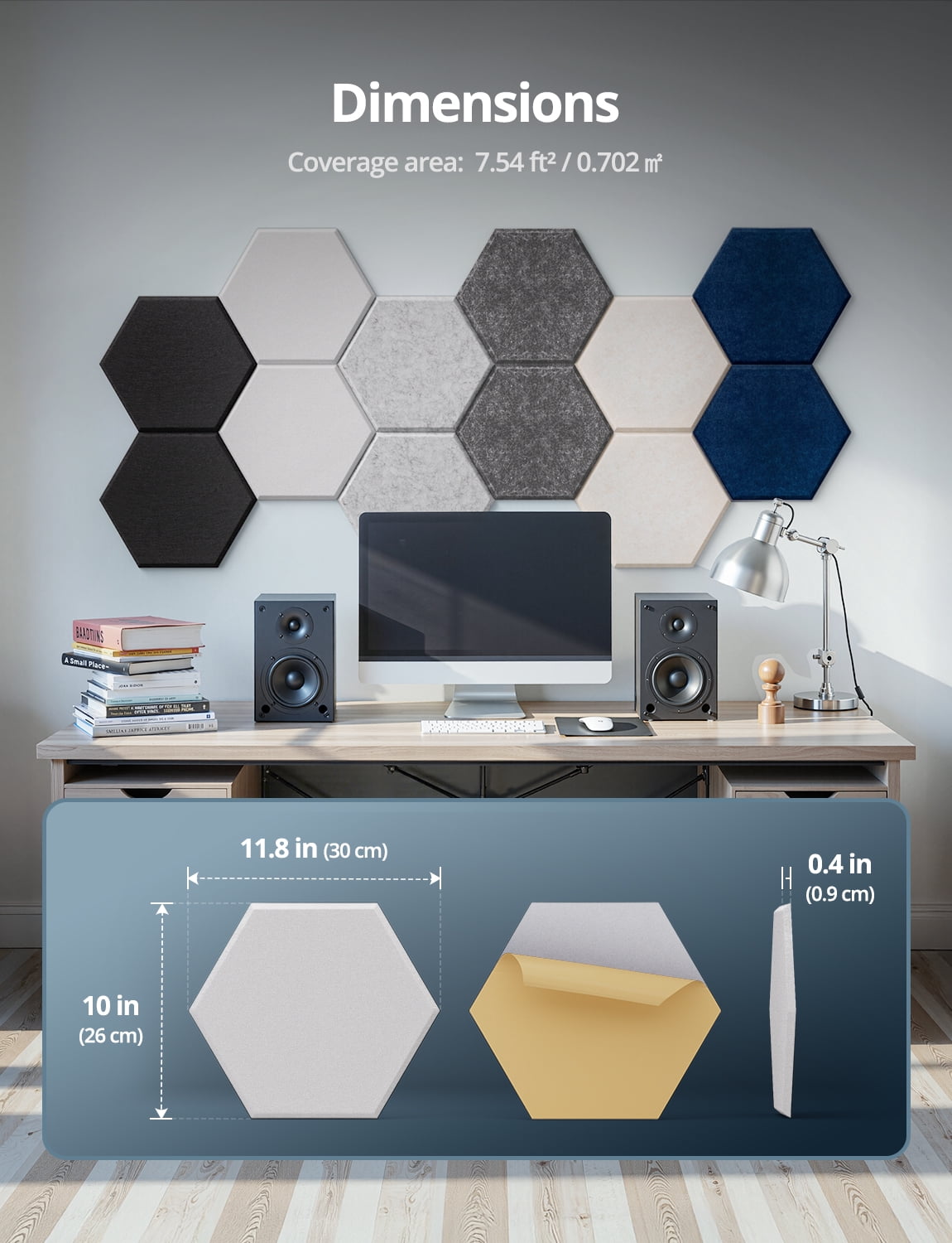 Kuchoow White Self-Adhesive Acoustic Wall Panels Sound Absorbing Panel for Studio, 12 Pack 12'' x 10'' x 0.4'' Hexagon High Density Sound Panel and Noise Reducing Tiles for Room Bedroom