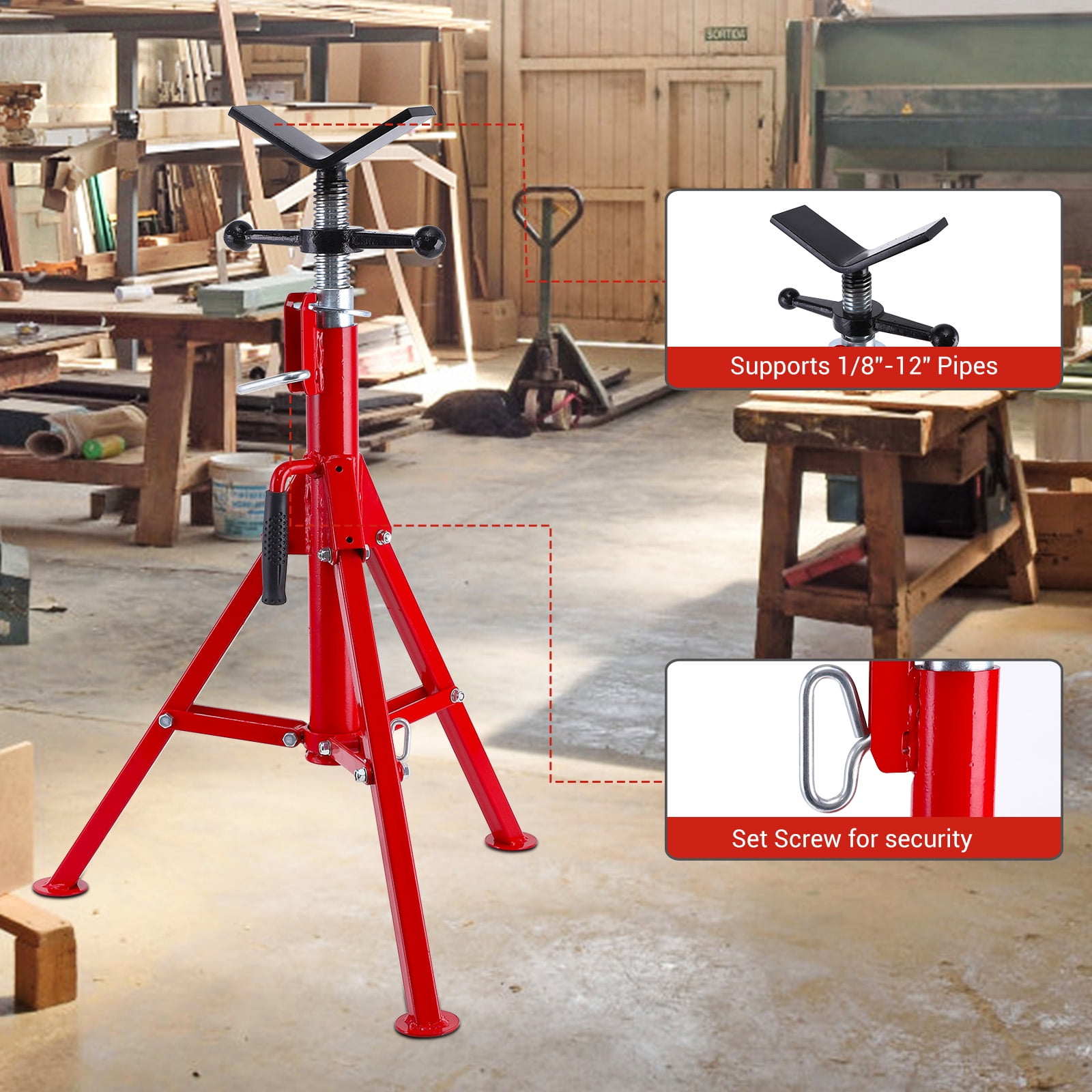 V Head Pipe Jack Stand, 1/8 in-12 in Capacity,Adjustable Height 28 in -52 in, Heavy Duty Pipe Stand Carbon Steel, 2500Lbs Load, Folding Legs for Welding, Threading, Hole Cutting