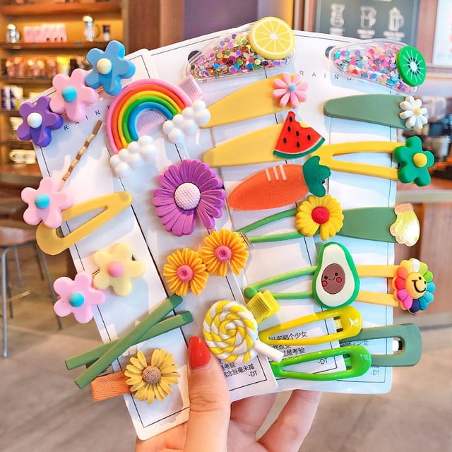 Pinzas para el cabello para niña, accesorios bonitos para el cabello, flores coloridas del arcoíris, patrones de postres de frutas, pasadores para adolescentes y niños pequeños, estilos surt