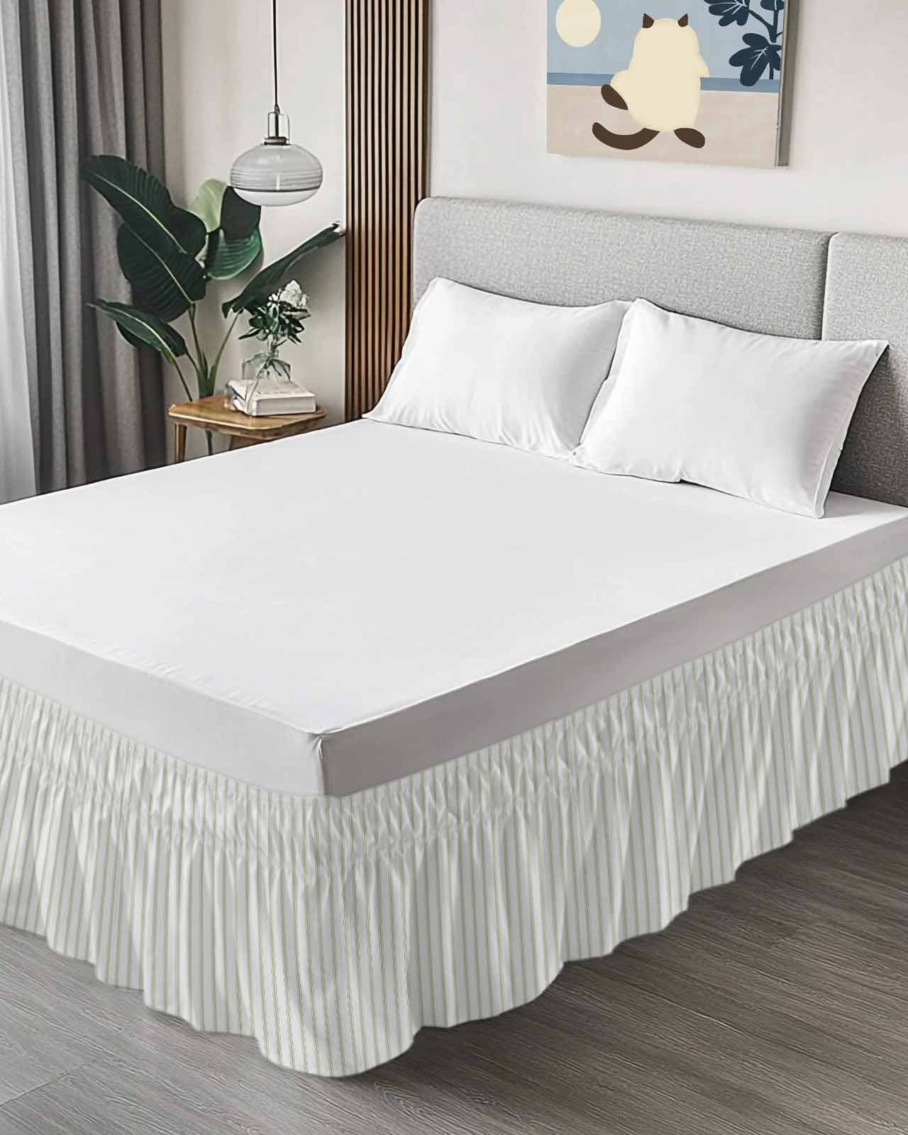 Sage Green Striped Wrap Around Bed Skirts for Queen Bed 18" Drop,Bed Skirt with Adjustable Elastic Belt Dust Ruffle Bed Valance for Bedroom Hotel Sage Green White Stripes Farmhouse Bed Frame Cover