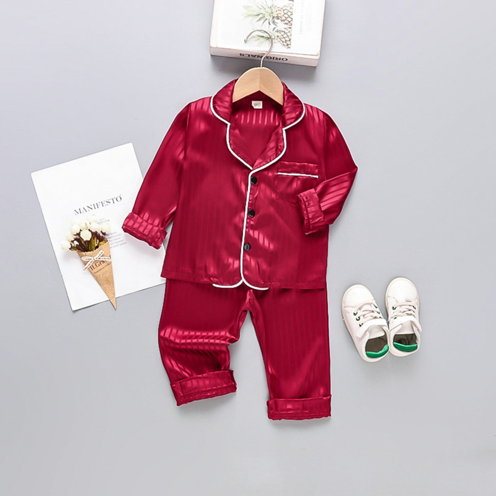 Big Kid Boys Clothes Going Home Outfit Baby Boy Toddler Baby Boy Boy Satin Silk Pajamas Set Long Sleeve Button Down Shirt Tops Kid Clothing Red 4 5