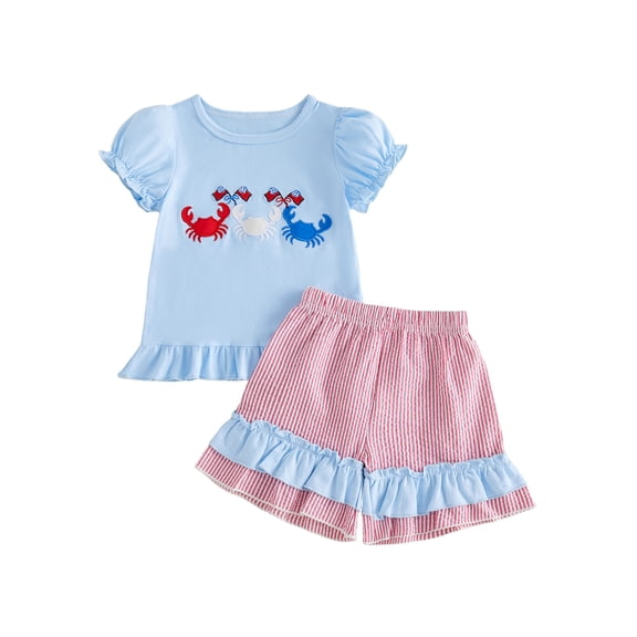 BemeyourBBs Toddler Baby Girls 4th of July Outfits Cute Infant Baby Girl Summer Clothes Patriot Independent Day Clothes Crab Holding Flag Embroidery Puff Sleeve T Shirt Tops and Ruffle Shorts Set