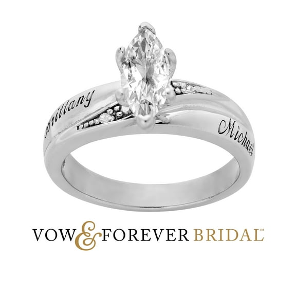 Vow & Forever Personalized Planet Bridal Platinum over Sterling Silver Marquise White Topaz and Diamond Name Wedding Ring ,Women's