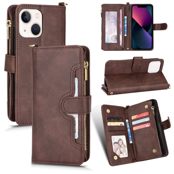 Nalacover for iPhone 14 Plus Zipper Wallet Case, Lanyard Shoulder Strap Crossbody Card Slots Holder Cover with Magnetic Clasp Kickstand Premium PU Leather + Soft TPU Shockproof Case,Brown