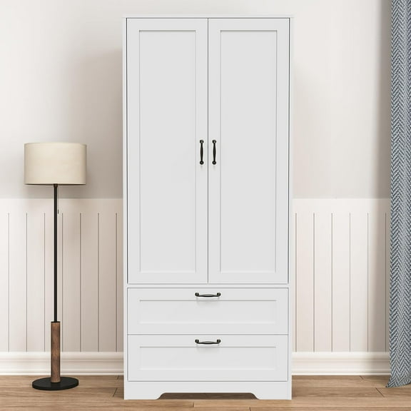 Wood Wardrobe Closet with Shelves and 2 Drawers,Freestanding Armoire Storage Cabinet for Hanging Clothes,Bedroom Wardrobe with Doors,White