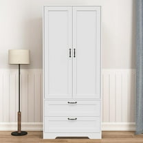 Wood Wardrobe Closet with Shelves and 2 Drawers,Freestanding Armoire Storage Cabinet for Hanging Clothes,Bedroom Wardrobe with Doors,White