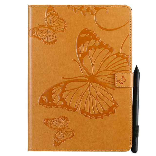Étui pour iPad 10.2 Pouces 9e 8e 7e Génération, Folio Ajusté en Cuir PU Papillon en Relief Support Intelligent Réveil/sommeil Automatique Protection Antichoc Dos TPU, Jaune