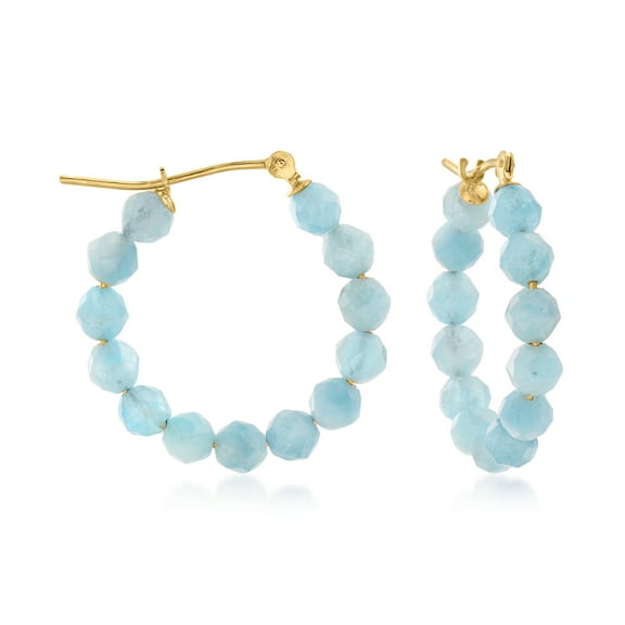 Ross-Simons 9.60 ct. t.w. Aquamarine Bead Hoop Earrings in 14kt Yellow Gold, Women's, Adult