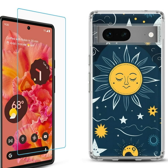 OneToughShield ® for Google Pixel 7a Shockproof Bumper Phone Case, with Tempered Glass Screen Protector - Sun N Star